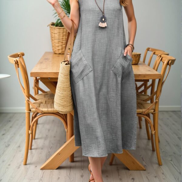 Elegant Grey Casual Crew Neck Sleeveless Pocket Maxi Dress for Vacation and Beach Outings - Chic, Classy and Trendy Fashion Style to Dress to Impress