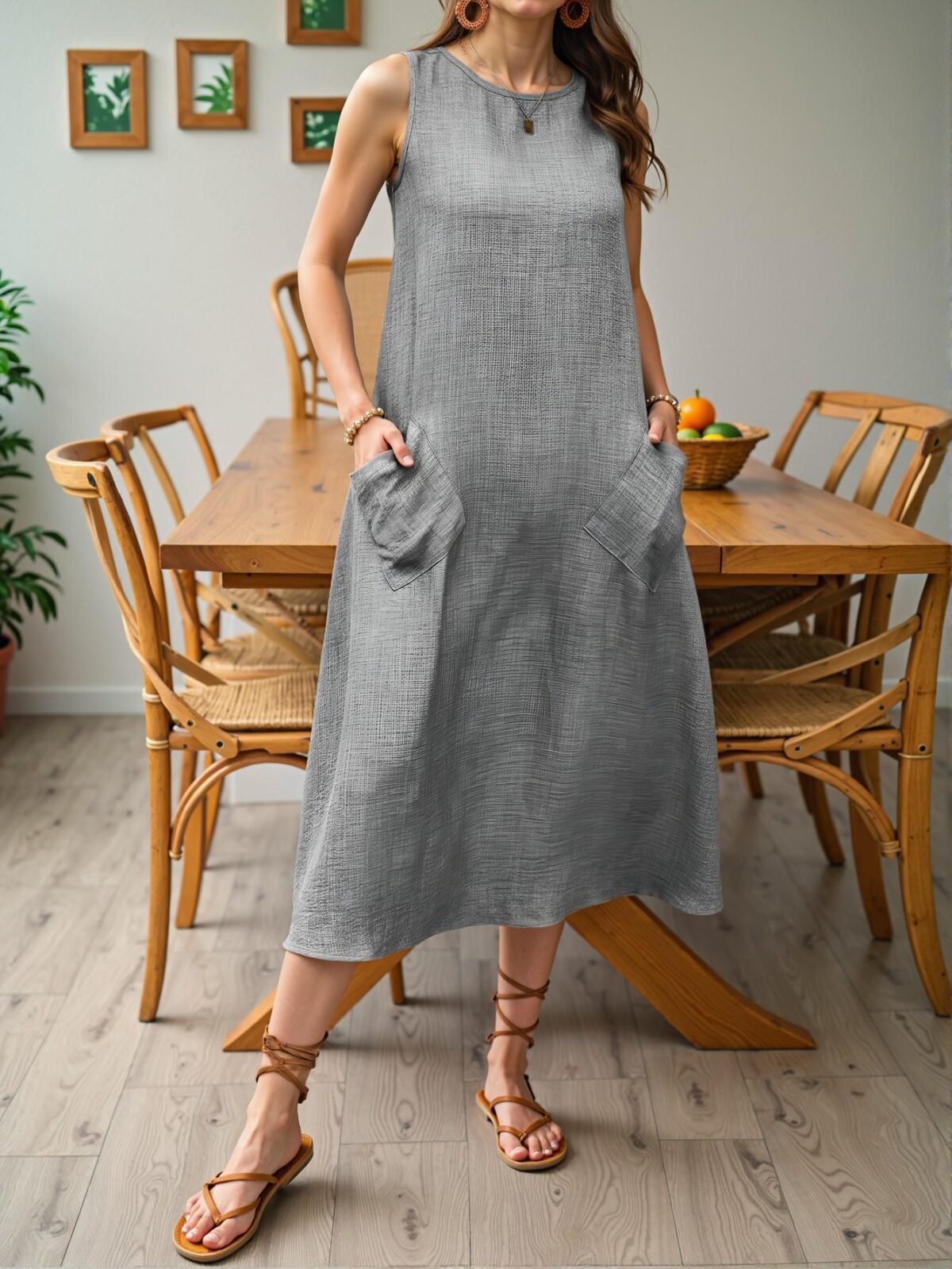 Elegant Grey Casual Crew Neck Sleeveless Pocket Maxi Dress for Vacation and Beach Outings - Chic, Classy and Trendy Fashion Style to Dress to Impress - Image 3