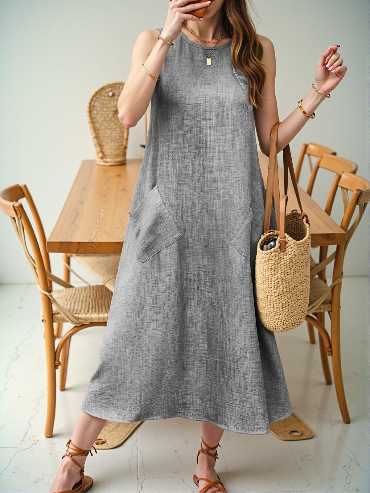 Elegant Grey Casual Crew Neck Sleeveless Pocket Maxi Dress for Vacation and Beach Outings - Chic, Classy and Trendy Fashion Style to Dress to Impress - Image 4