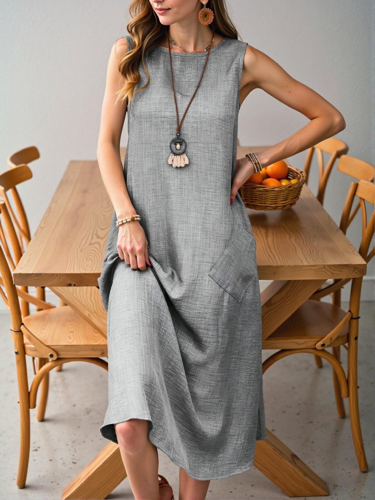 Elegant Grey Casual Crew Neck Sleeveless Pocket Maxi Dress for Vacation and Beach Outings - Chic, Classy and Trendy Fashion Style to Dress to Impress - Image 5