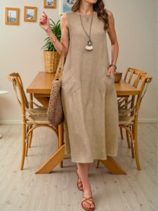 Elegant Khaki Relaxed Maxi Sundress with Dual Pockets for Vacation and Beach Days - Chic, Classy and Trendy Fashion Style to Dress to Impress