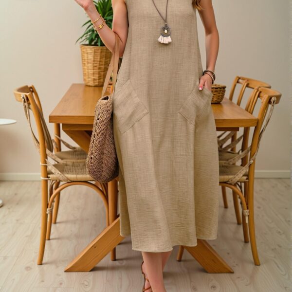 Elegant Khaki Relaxed Maxi Sundress with Dual Pockets for Vacation and Beach Days - Chic, Classy and Trendy Fashion Style to Dress to Impress