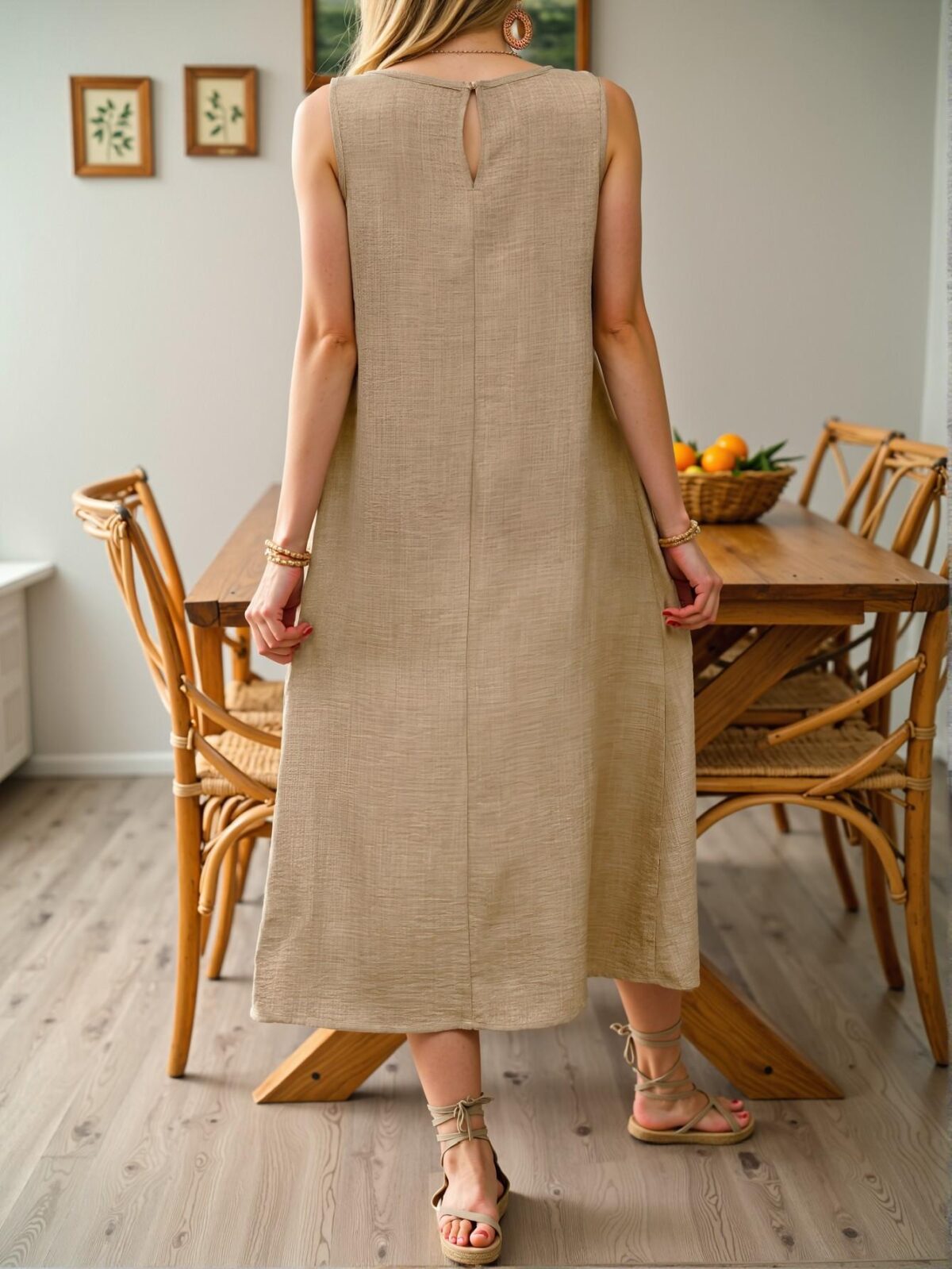 Elegant Khaki Relaxed Maxi Sundress with Dual Pockets for Vacation and Beach Days - Chic, Classy and Trendy Fashion Style to Dress to Impress - Image 2
