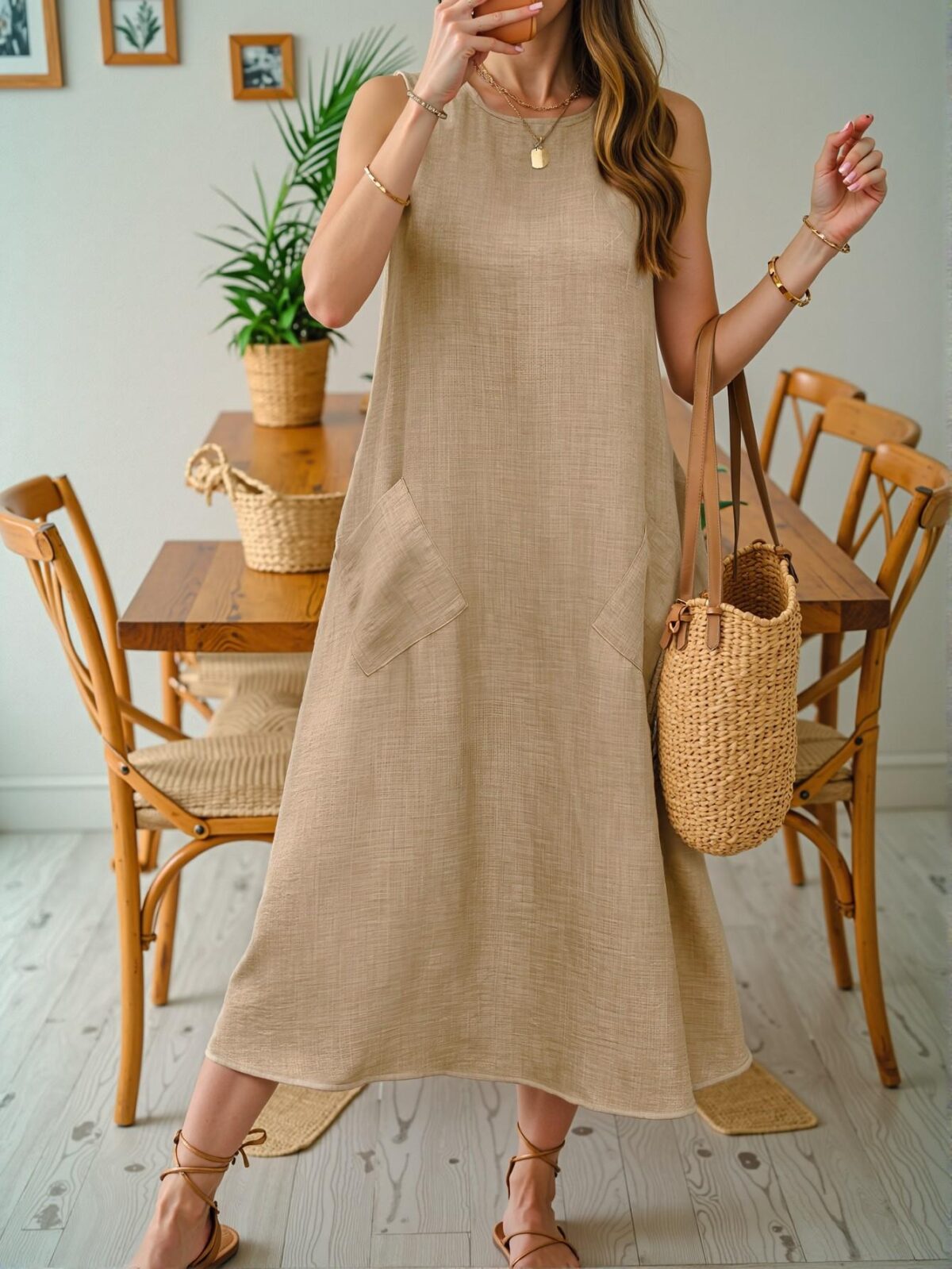 Elegant Khaki Relaxed Maxi Sundress with Dual Pockets for Vacation and Beach Days - Chic, Classy and Trendy Fashion Style to Dress to Impress - Image 3