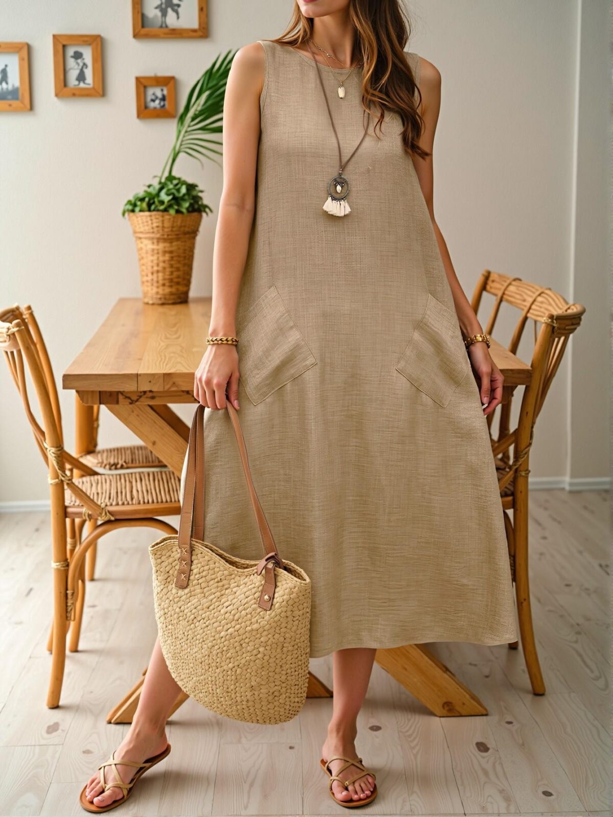 Elegant Khaki Relaxed Maxi Sundress with Dual Pockets for Vacation and Beach Days - Chic, Classy and Trendy Fashion Style to Dress to Impress - Image 4