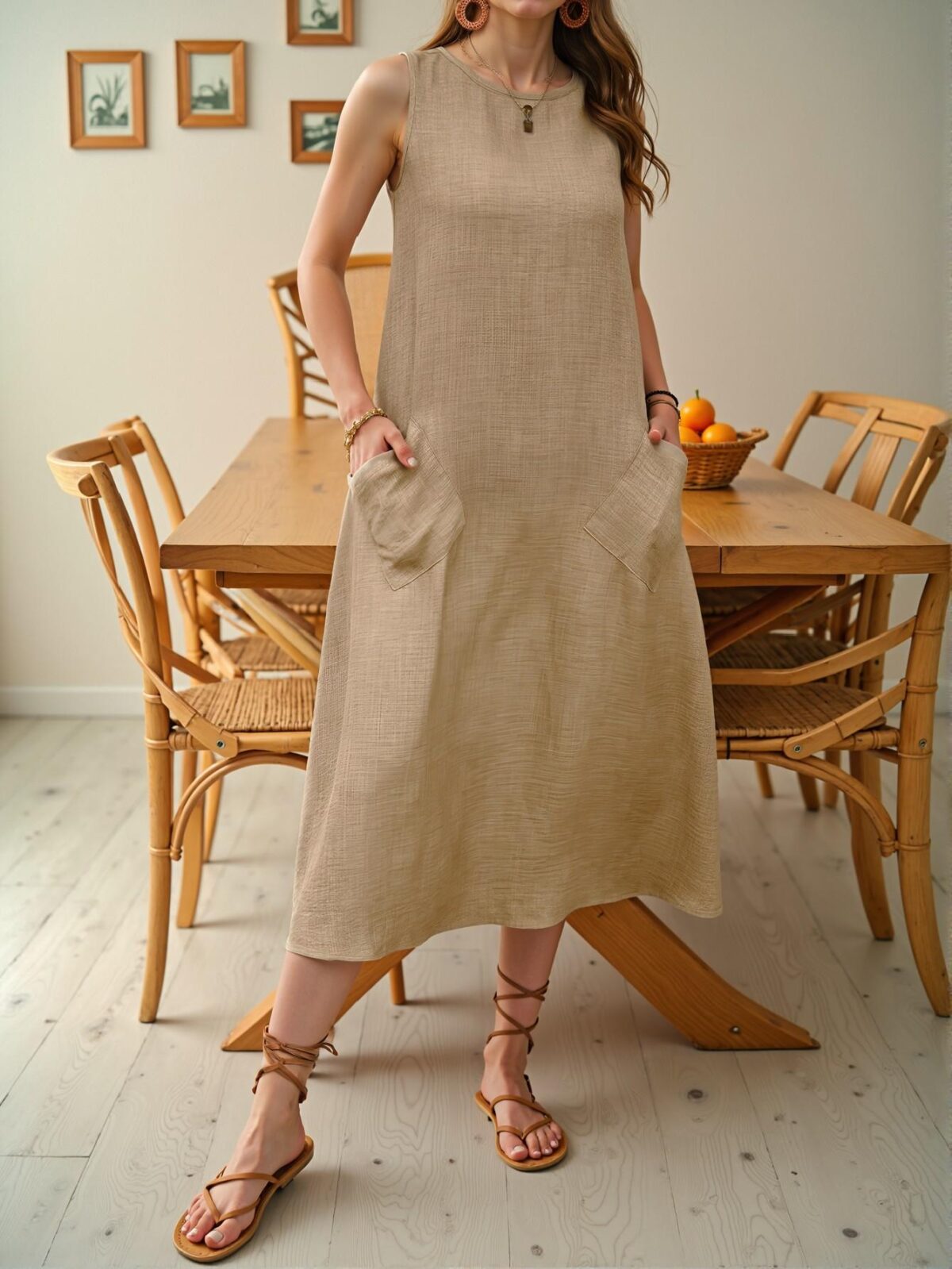 Elegant Khaki Relaxed Maxi Sundress with Dual Pockets for Vacation and Beach Days - Chic, Classy and Trendy Fashion Style to Dress to Impress - Image 5