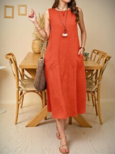 Elegant Orange Casual Sleeveless Dress with Dual Pockets for Effortless Holiday Style - Chic, Classy and Trendy Fashion to Dress to Impress