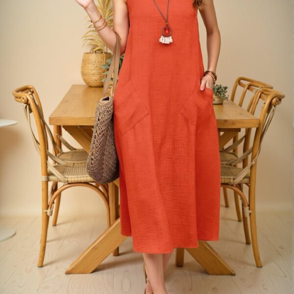 Elegant Orange Casual Sleeveless Dress with Dual Pockets for Effortless Holiday Style - Chic, Classy and Trendy Fashion to Dress to Impress