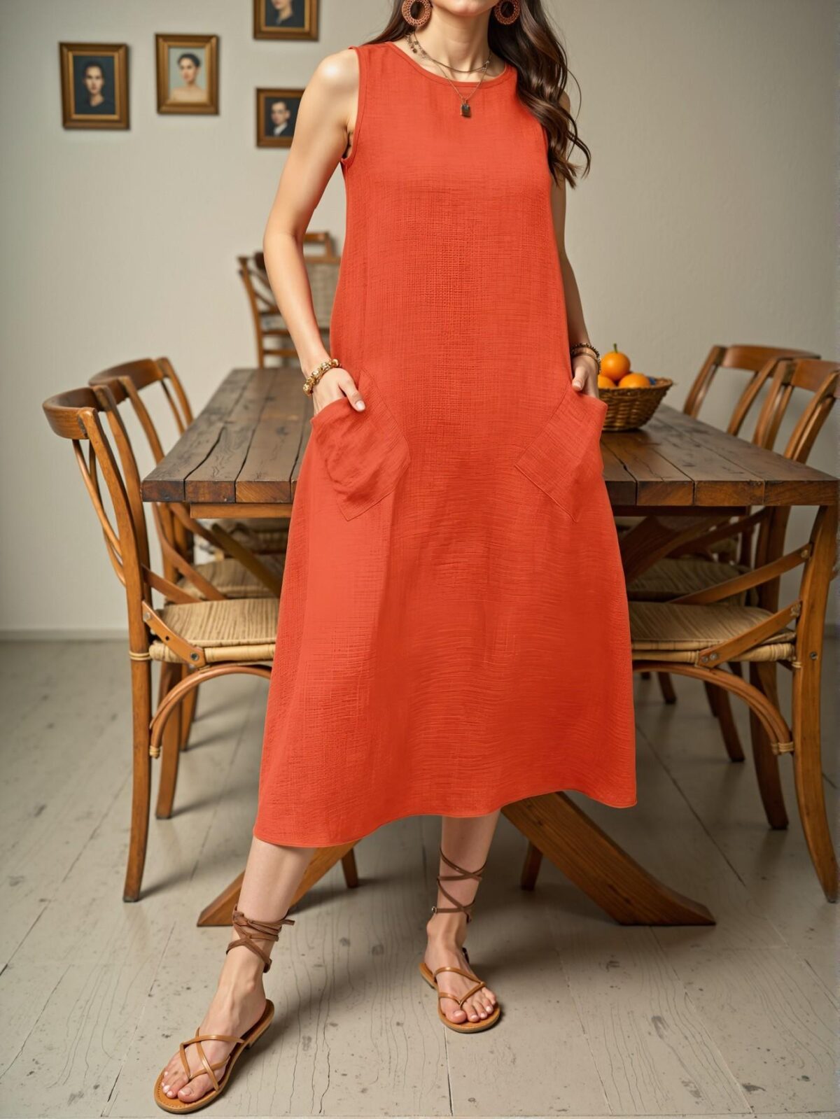 Elegant Orange Casual Sleeveless Dress with Dual Pockets for Effortless Holiday Style - Chic, Classy and Trendy Fashion to Dress to Impress - Image 3