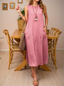 Elegant Pink Casual Sleeveless Maxi Dress with Dual Pockets for Beach Getaways - Chic, Classy and Trendy Fashion Style to Dress to Impress