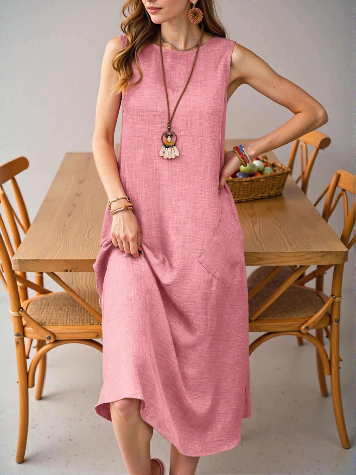 Elegant Pink Casual Sleeveless Maxi Dress with Dual Pockets for Beach Getaways - Chic, Classy and Trendy Fashion Style to Dress to Impress - Image 4