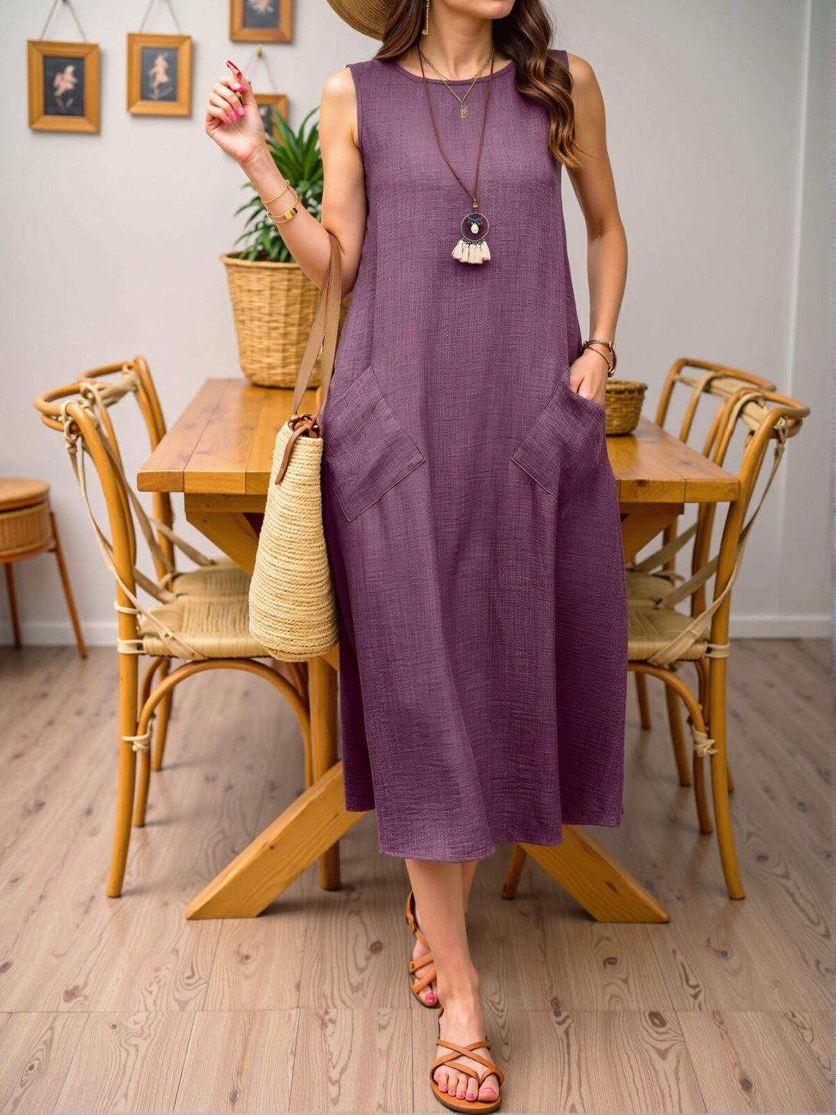 Elegant Purple Sleeveless Long Maxi Dress with Pockets, Effortlessly Stylish Casual Outfit for Beach and Vacation Getaways - Chic, Classy and Trendy Fashion Style to Dress to Impress