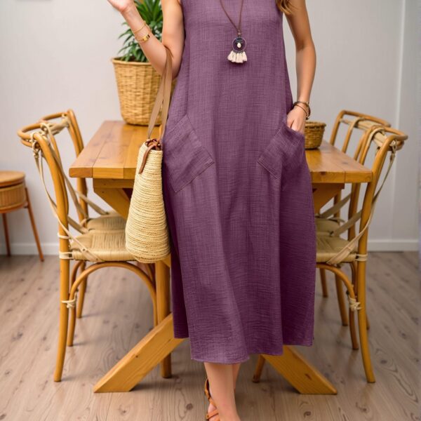 Elegant Purple Sleeveless Long Maxi Dress with Pockets, Effortlessly Stylish Casual Outfit for Beach and Vacation Getaways - Chic, Classy and Trendy Fashion Style to Dress to Impress