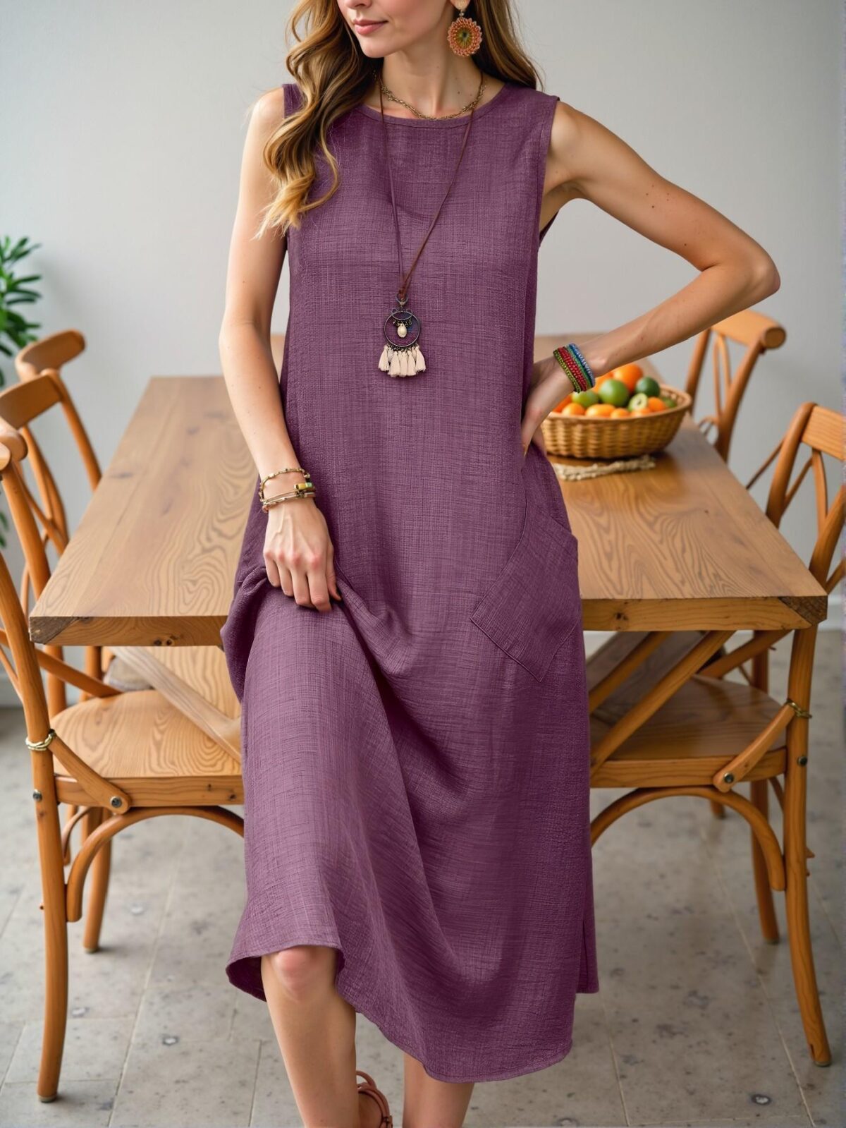 Elegant Purple Sleeveless Long Maxi Dress with Pockets, Effortlessly Stylish Casual Outfit for Beach and Vacation Getaways - Chic, Classy and Trendy Fashion Style to Dress to Impress - Image 3