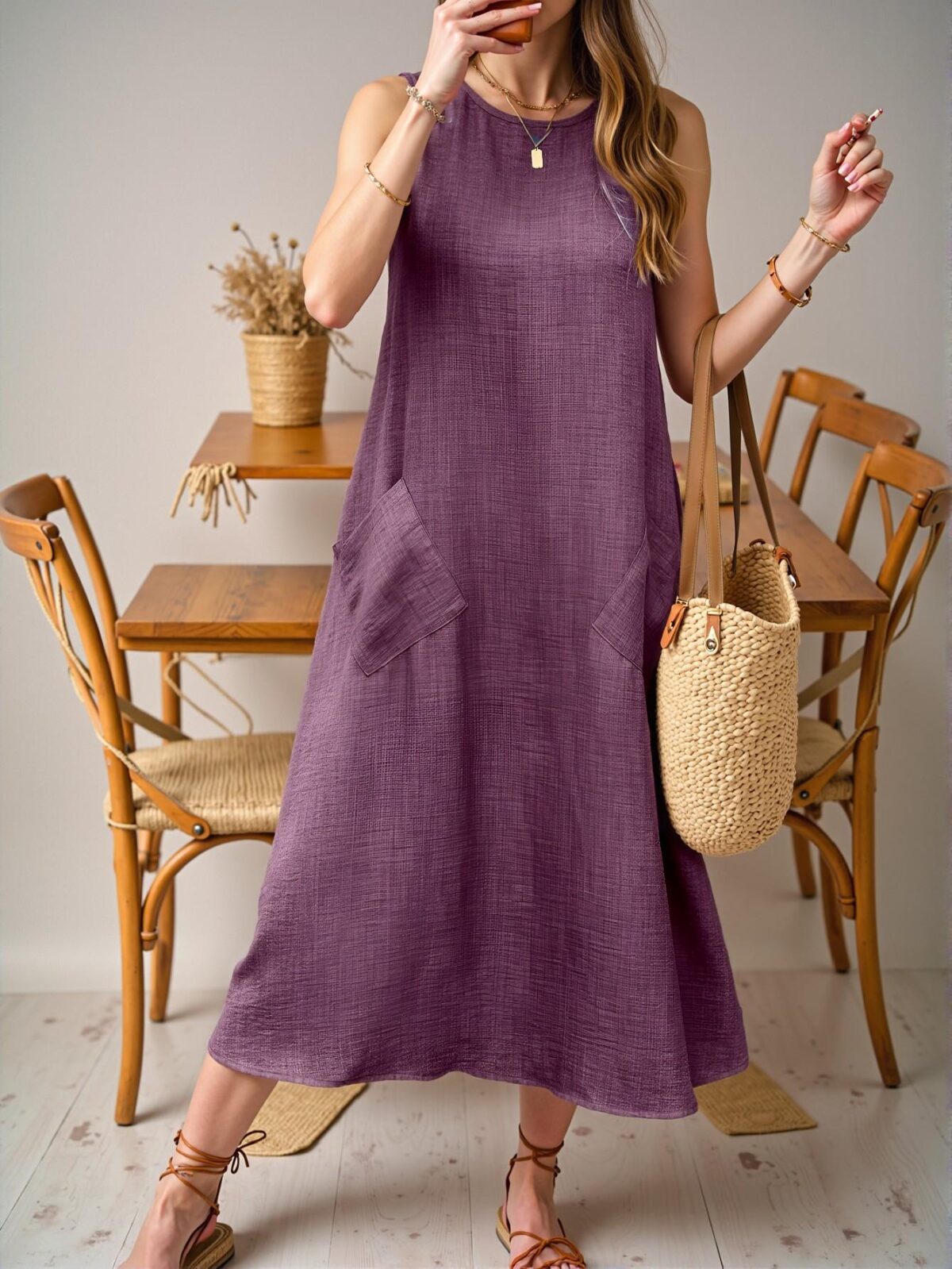 Elegant Purple Sleeveless Long Maxi Dress with Pockets, Effortlessly Stylish Casual Outfit for Beach and Vacation Getaways - Chic, Classy and Trendy Fashion Style to Dress to Impress - Image 4