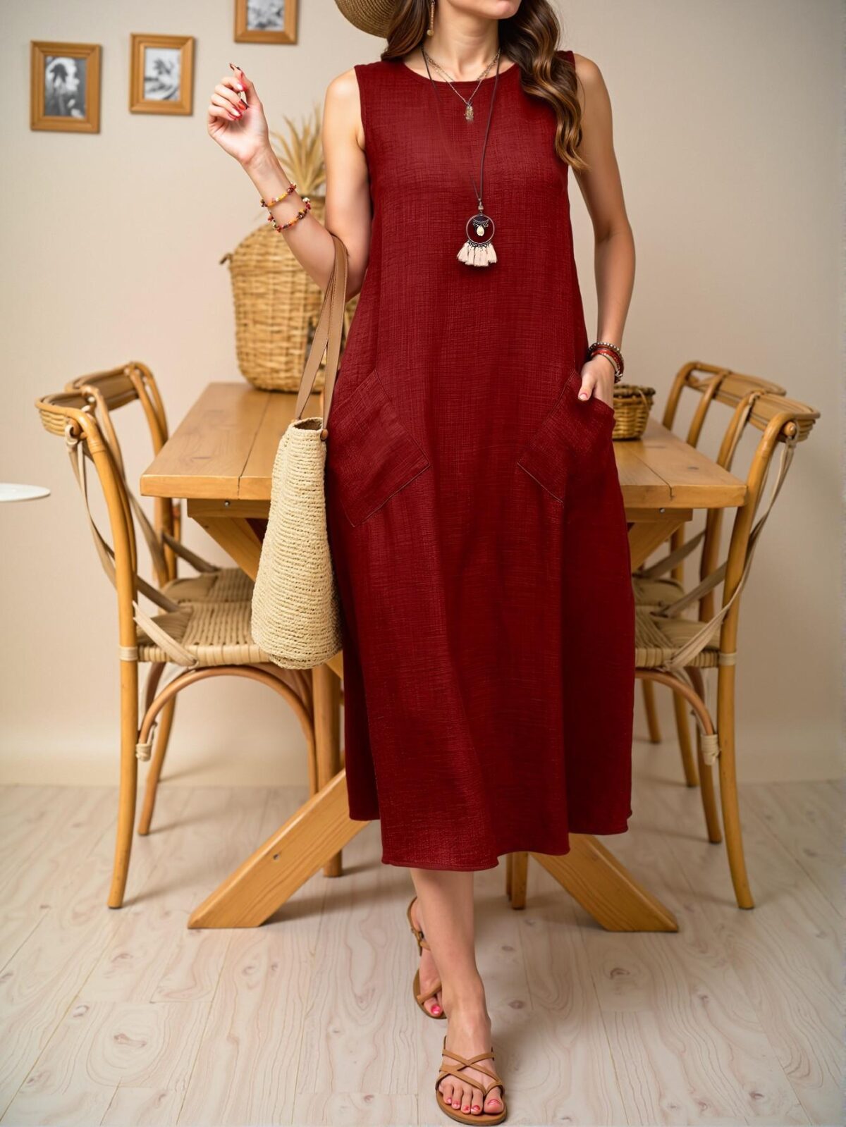 Elegant Red Flared Maxi Dress with Sleeveless Design and Convenient Dual Pockets for Casual Holiday Gatherings - Chic, Classy and Trendy Fashion Style to Dress to Impress