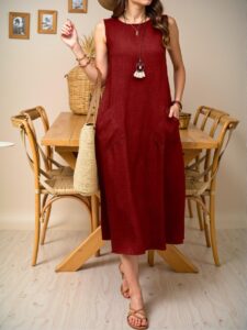 Elegant Red Flared Maxi Dress with Sleeveless Design and Convenient Dual Pockets for Casual Holiday Gatherings - Chic, Classy and Trendy Fashion Style to Dress to Impress