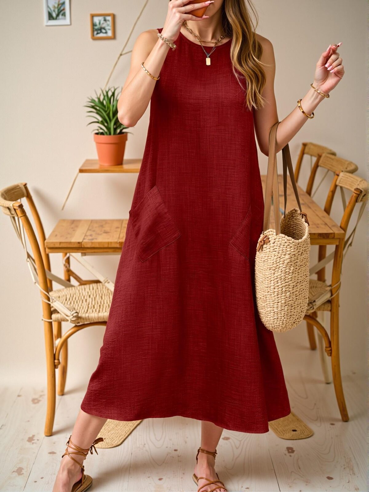 Elegant Red Flared Maxi Dress with Sleeveless Design and Convenient Dual Pockets for Casual Holiday Gatherings - Chic, Classy and Trendy Fashion Style to Dress to Impress - Image 4