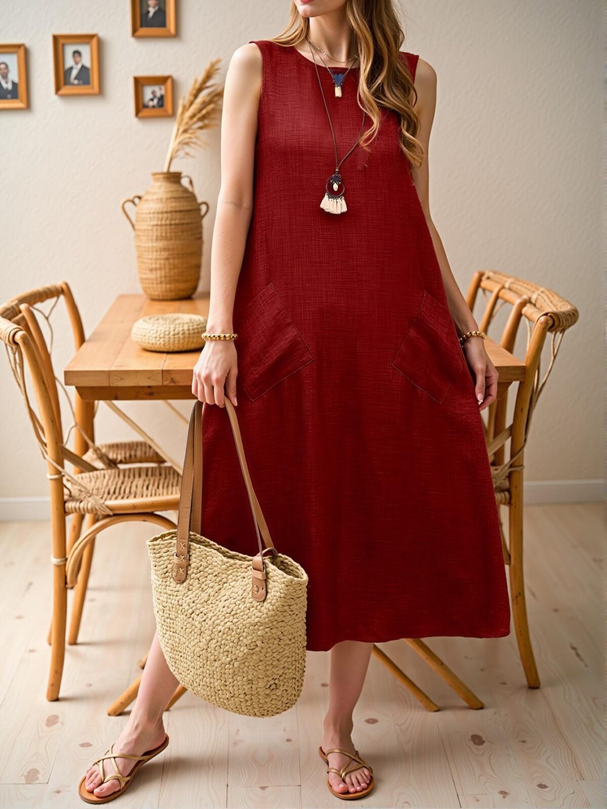 Elegant Red Flared Maxi Dress with Sleeveless Design and Convenient Dual Pockets for Casual Holiday Gatherings - Chic, Classy and Trendy Fashion Style to Dress to Impress - Image 5