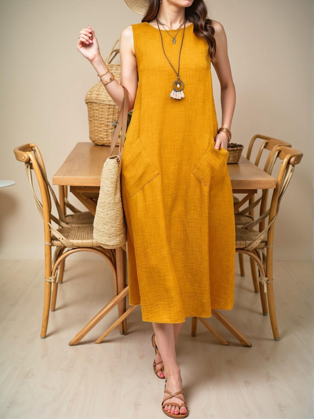 Elegant Yellow Sleeveless Casual Vacation Dress with Pocket - Chic, Classy and Trendy Fashion Style to Dress to Impress