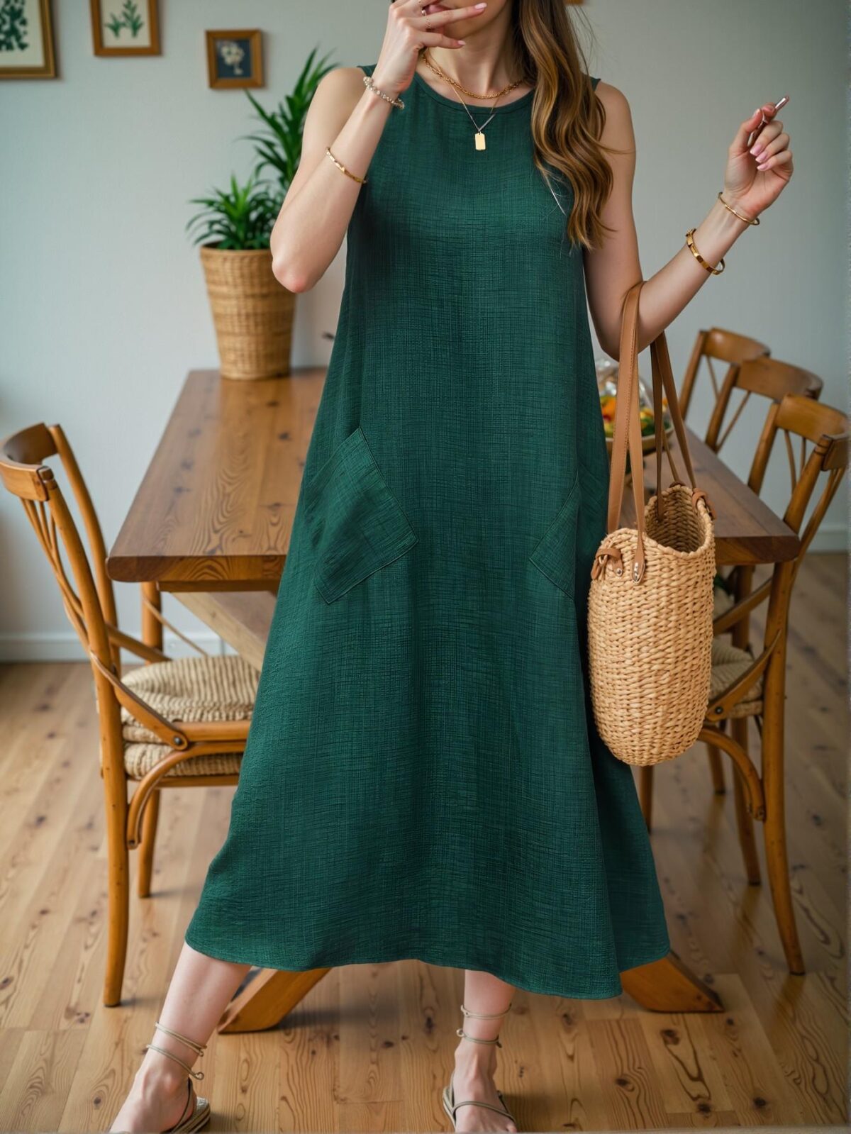 Elegant Dark Green Relaxed-Fit Sleeveless Maxi Dress with Pockets for Summer Adventures – Chic, Classy and Trendy Fashion Style to Dress to Impress - Image 4