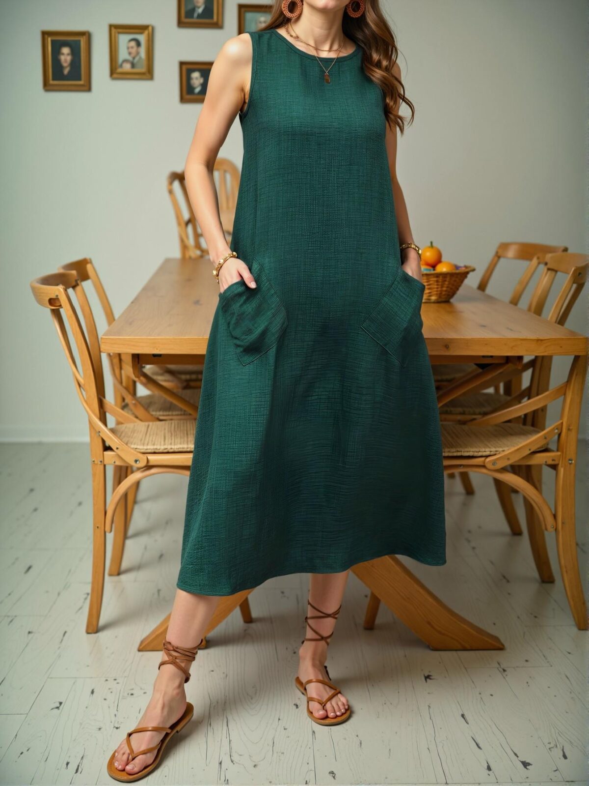 Elegant Dark Green Relaxed-Fit Sleeveless Maxi Dress with Pockets for Summer Adventures – Chic, Classy and Trendy Fashion Style to Dress to Impress - Image 5