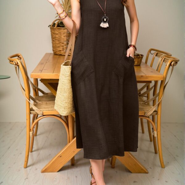 Elegant Chocolate Brown Flared Casual Maxi Dress with Pockets for Vacation and Beach Outings - Chic, Classy and Trendy Fashion Style to Dress to Impress