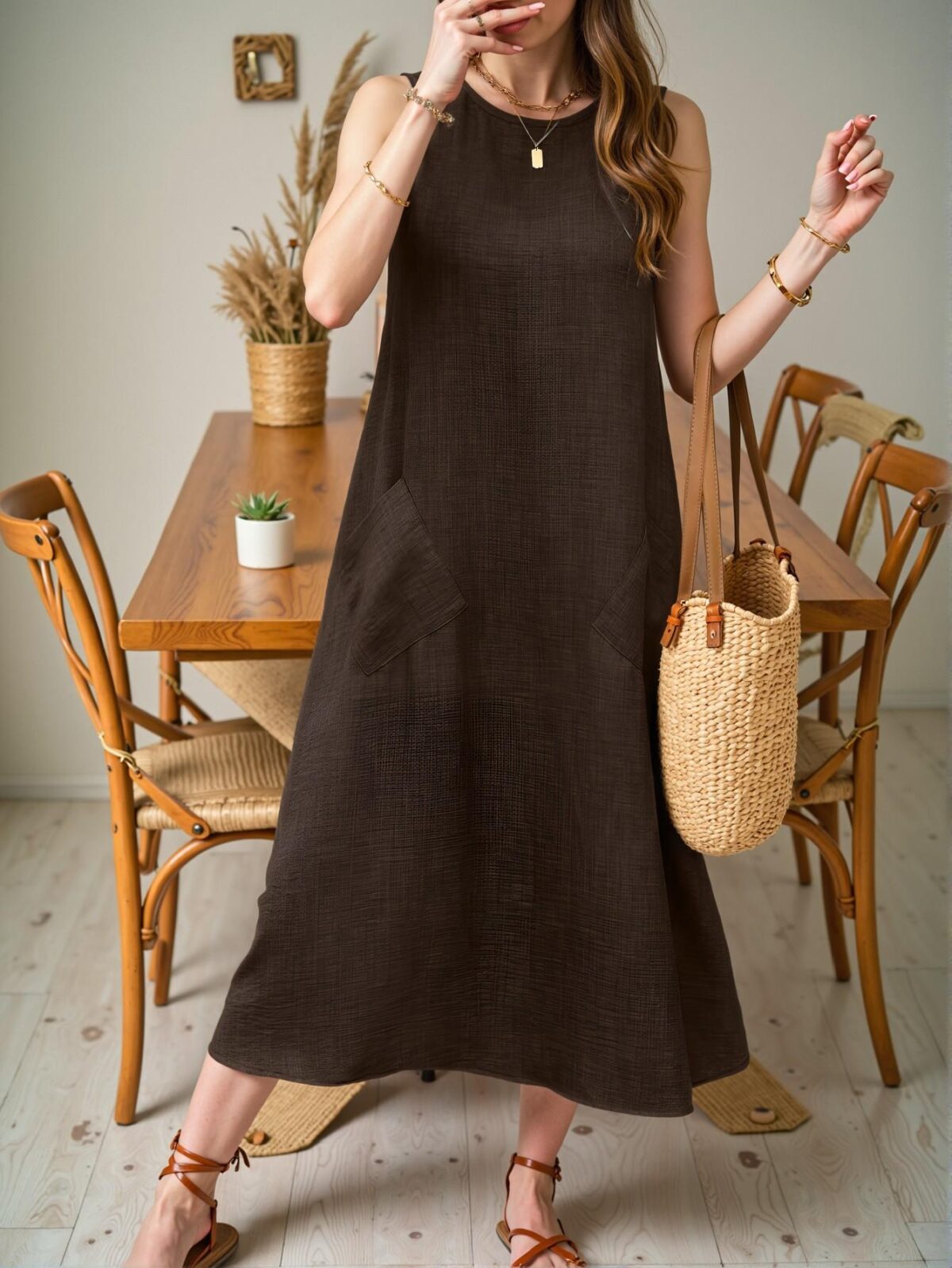 Elegant Chocolate Brown Flared Casual Maxi Dress with Pockets for Vacation and Beach Outings - Chic, Classy and Trendy Fashion Style to Dress to Impress - Image 5