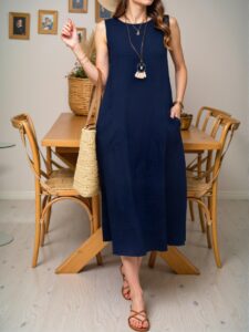 Elegant Navy Blue Relaxed Fit Sleeveless Crew Neck Maxi Dress with Pocket for Your Summer Vacation Beach Getaway - Chic, Classy and Trendy Fashion Style to Dress to Impress