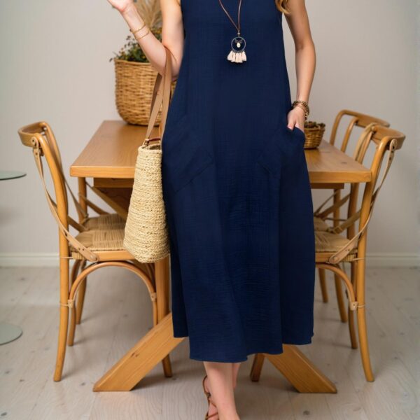 Elegant Navy Blue Relaxed Fit Sleeveless Crew Neck Maxi Dress with Pocket for Your Summer Vacation Beach Getaway - Chic, Classy and Trendy Fashion Style to Dress to Impress