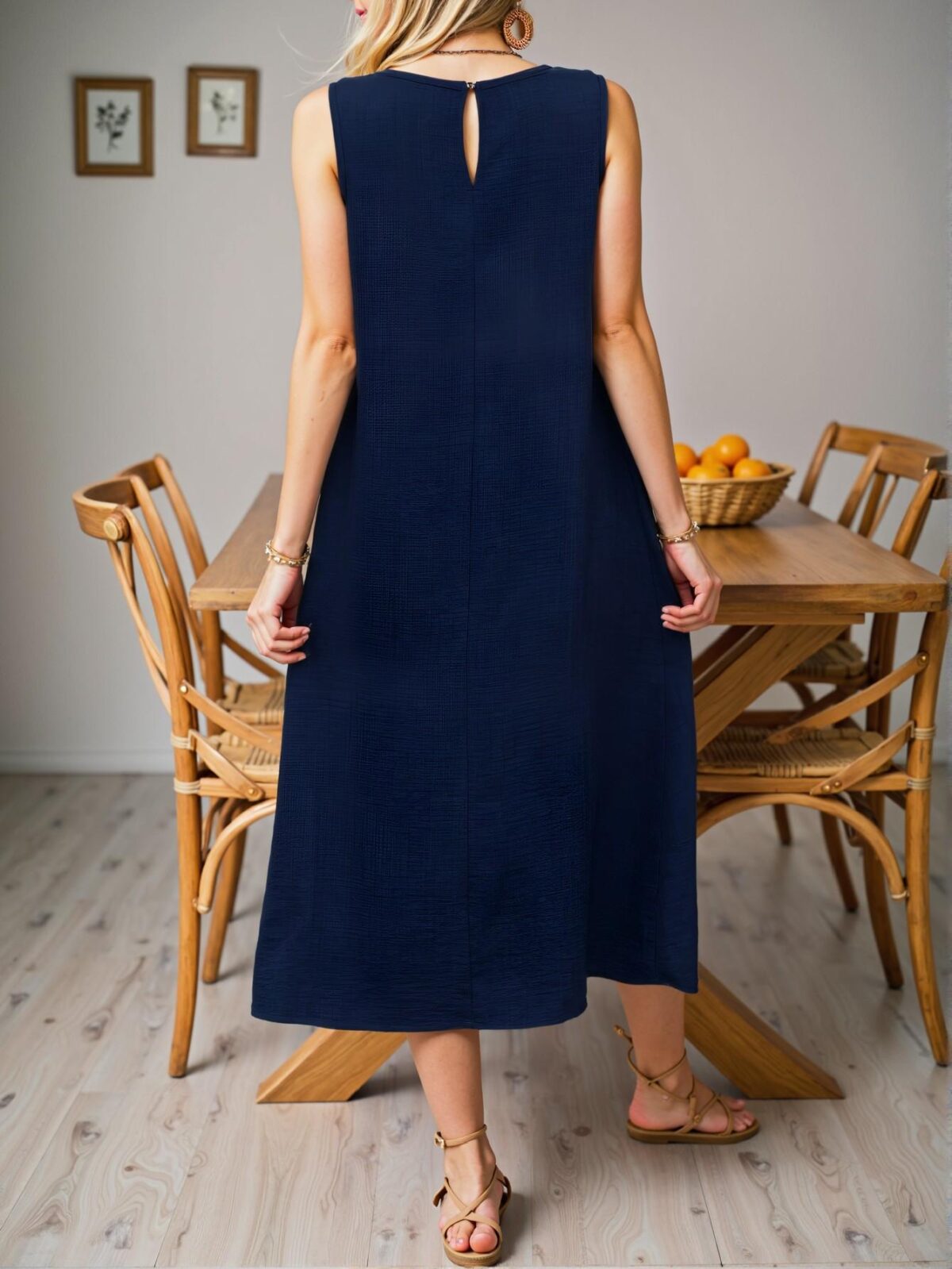 Elegant Navy Blue Relaxed Fit Sleeveless Crew Neck Maxi Dress with Pocket for Your Summer Vacation Beach Getaway - Chic, Classy and Trendy Fashion Style to Dress to Impress - Image 2