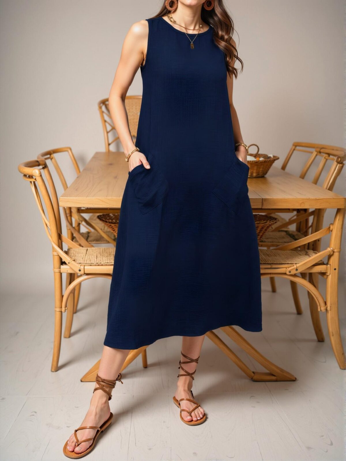 Elegant Navy Blue Relaxed Fit Sleeveless Crew Neck Maxi Dress with Pocket for Your Summer Vacation Beach Getaway - Chic, Classy and Trendy Fashion Style to Dress to Impress - Image 3