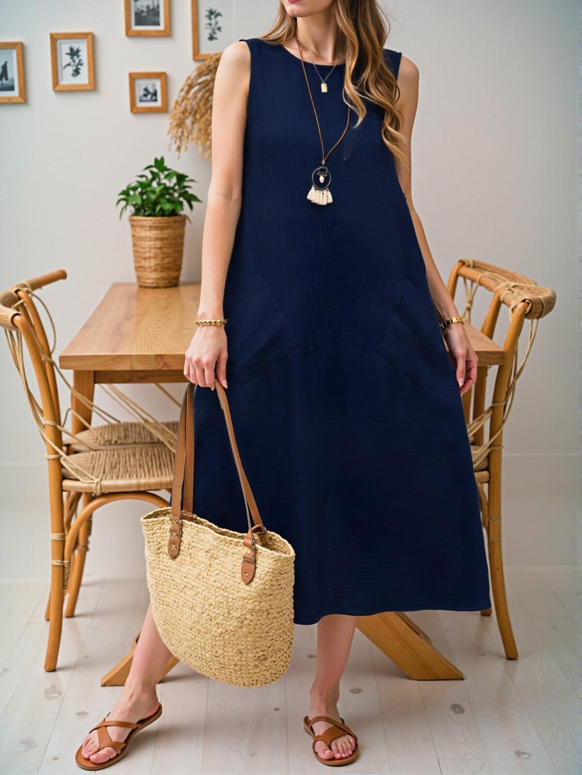 Elegant Navy Blue Relaxed Fit Sleeveless Crew Neck Maxi Dress with Pocket for Your Summer Vacation Beach Getaway - Chic, Classy and Trendy Fashion Style to Dress to Impress - Image 4