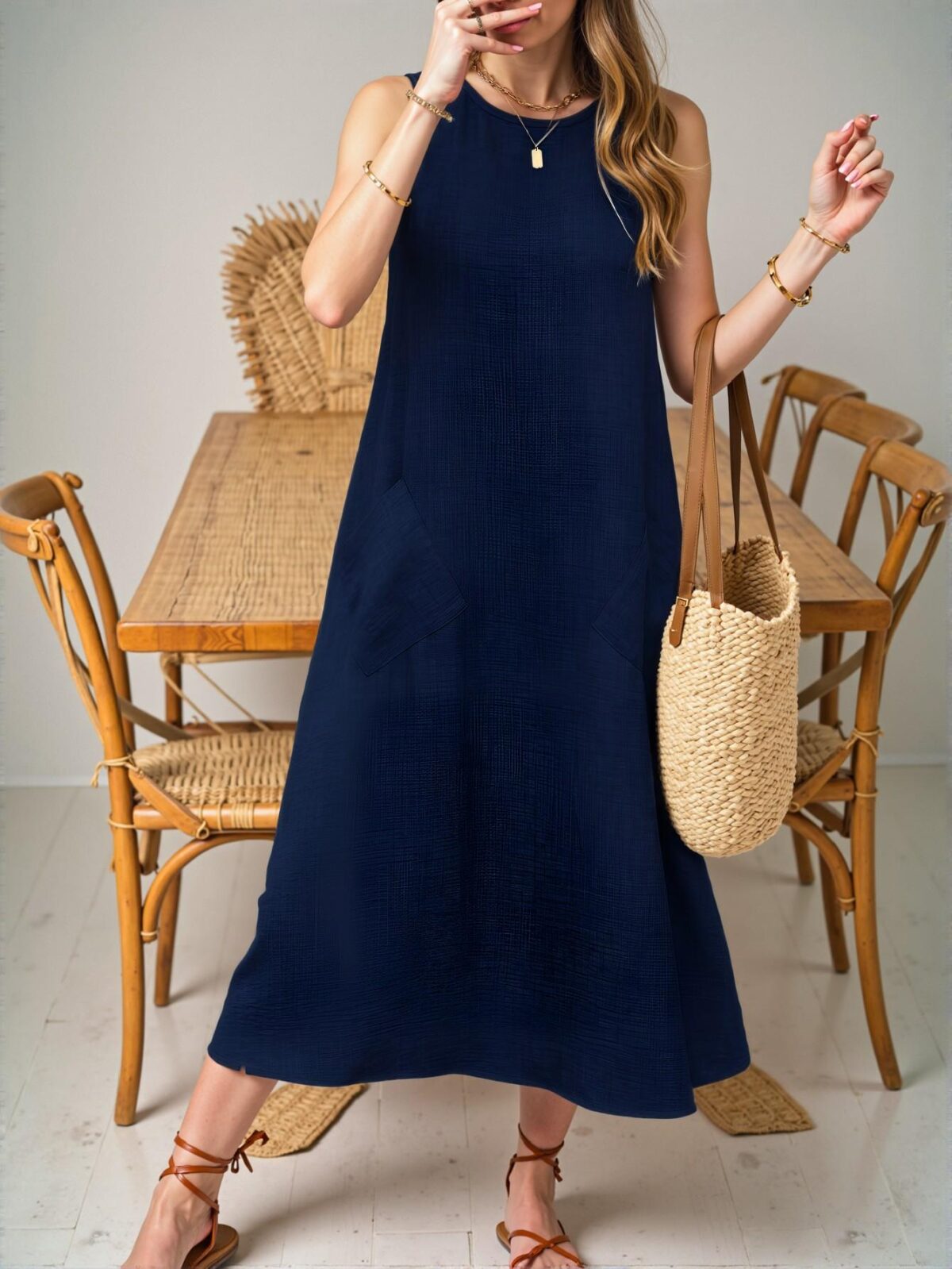 Elegant Navy Blue Relaxed Fit Sleeveless Crew Neck Maxi Dress with Pocket for Your Summer Vacation Beach Getaway - Chic, Classy and Trendy Fashion Style to Dress to Impress - Image 5