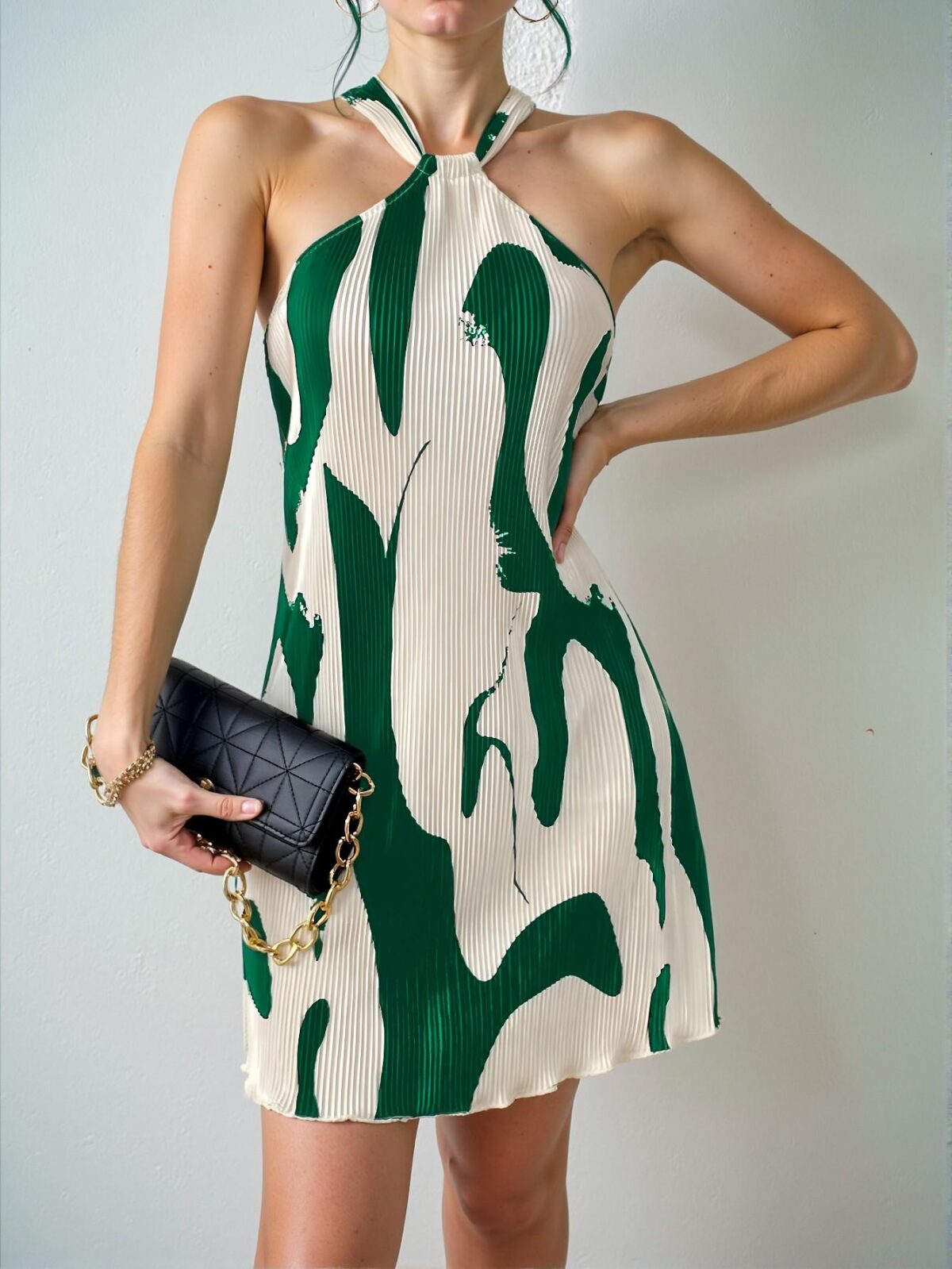 Elegant Green Pleated Halter Mini Dress for Summer Beach and Casual Outings - Chic, Classy and Trendy Fashion Style to Dress to Impress