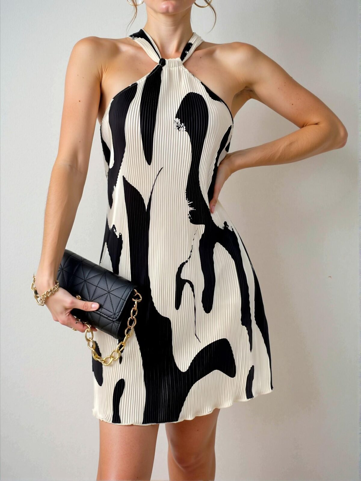 Elegant Black and White Pleated Halter Mini Dress Perfect for Summer and Beach Outings - Chic, Classy and Trendy Fashion Style to Dress to Impress