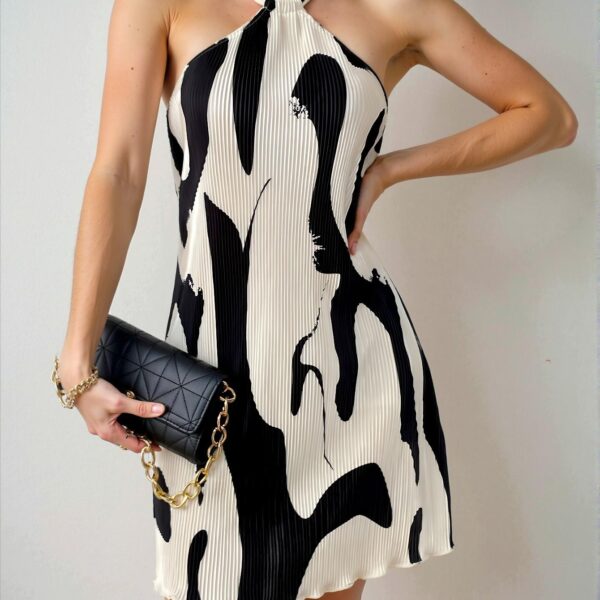 Elegant Black and White Pleated Halter Mini Dress Perfect for Summer and Beach Outings - Chic, Classy and Trendy Fashion Style to Dress to Impress