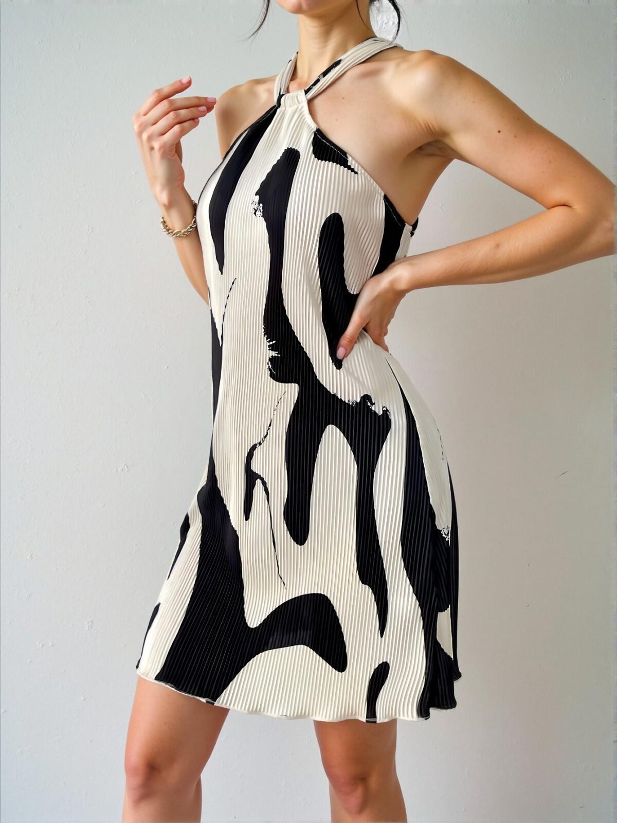 Elegant Black and White Pleated Halter Mini Dress Perfect for Summer and Beach Outings - Chic, Classy and Trendy Fashion Style to Dress to Impress - Image 5