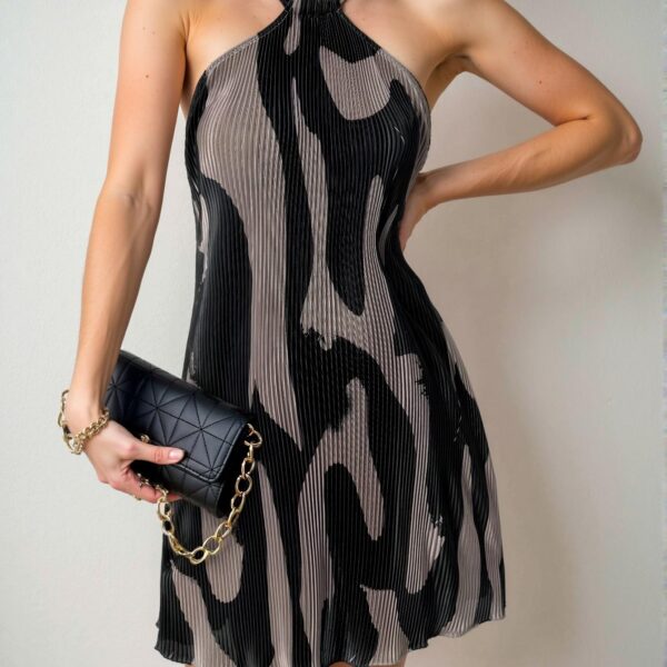 Elegant Brown Stylish Contrast Color Pleated Mini Dress, Chic, Classy and Trendy Fashion Style to Dress to Impress