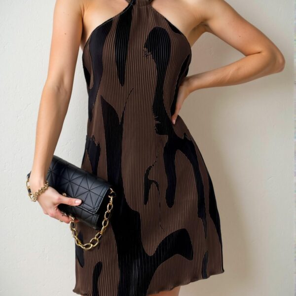 Elegant Brown Casual Pleated Halter Mini Dress for Summer Beach Outings and Chic Celebrations - Classy and Trendy Fashion Style to Dress to Impress