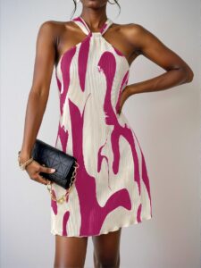 Elegant Hot Pink Pleated Halter Mini Dress for Vacation and Casual Outings - Chic, Classy, and Trendy Fashion Style to Dress to Impress