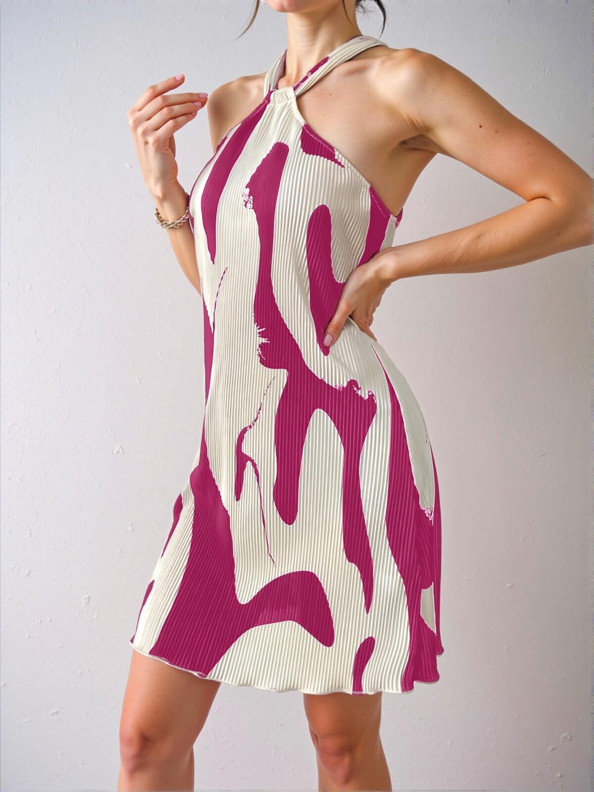 Elegant Hot Pink Pleated Halter Mini Dress for Vacation and Casual Outings - Chic, Classy, and Trendy Fashion Style to Dress to Impress - Image 5