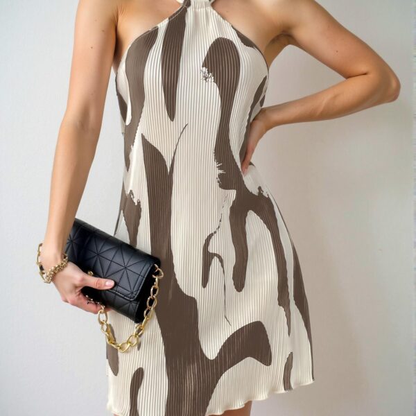 Elegant Khaki Halter Pleated Mini Dress for Summer Beach and Casual Outfits - Chic, Classy and Trendy Fashion Style to Dress to Impress