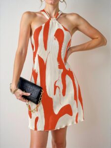 Elegant Orange Pleated Halter Mini Dress for Casual Outings and Summer Beach Cocktails - Chic, Classy and Trendy Fashion Style to Dress to Impress