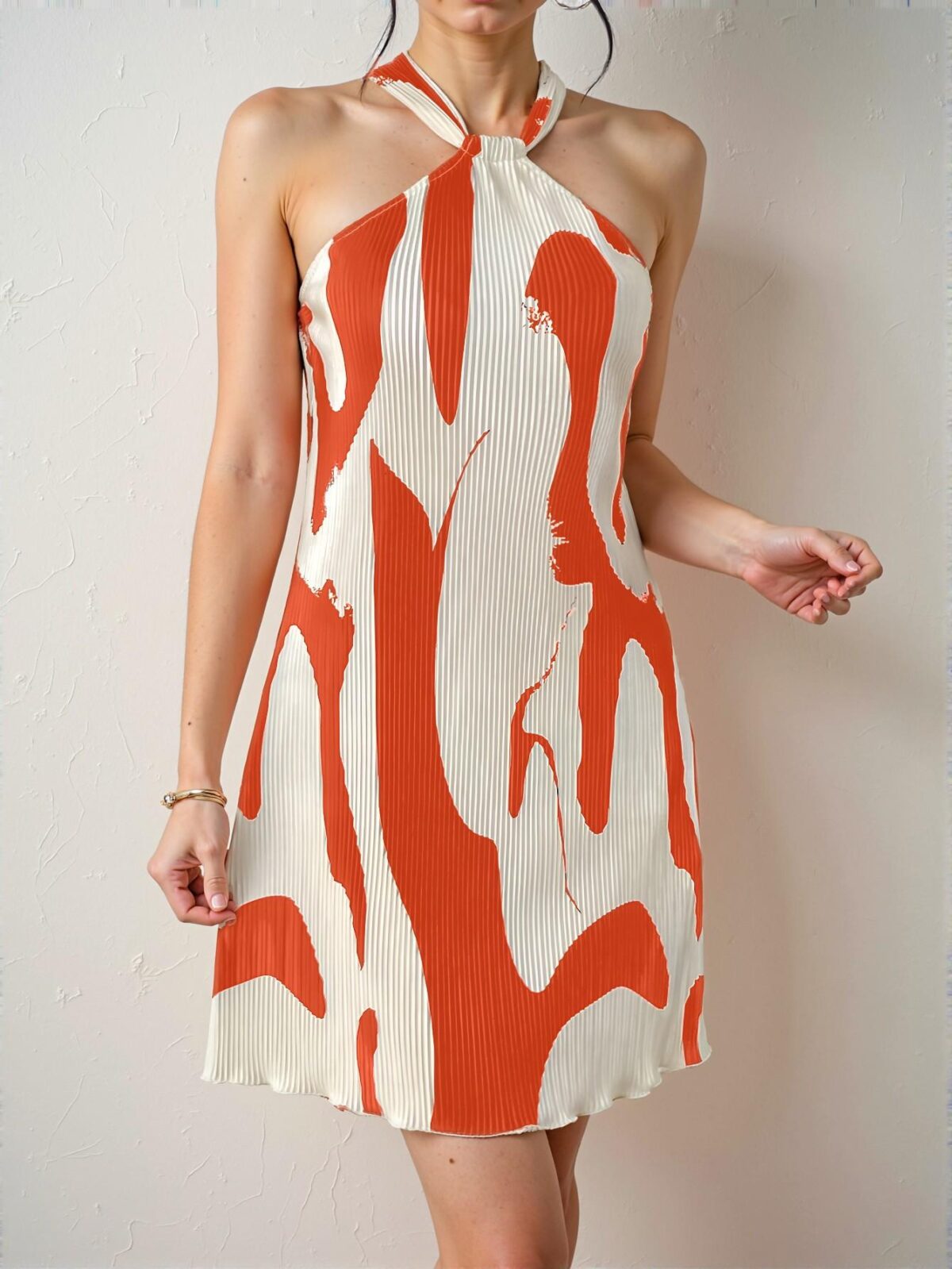 Elegant Orange Pleated Halter Mini Dress for Casual Outings and Summer Beach Cocktails - Chic, Classy and Trendy Fashion Style to Dress to Impress - Image 4