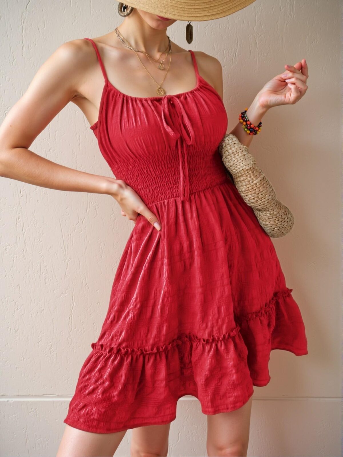 Elegant Burgundy Relaxed Shirred Waist Cami Dress for Stylish Getaways - Chic, Classy and Trendy Fashion Style to Dress to Impress - Image 5
