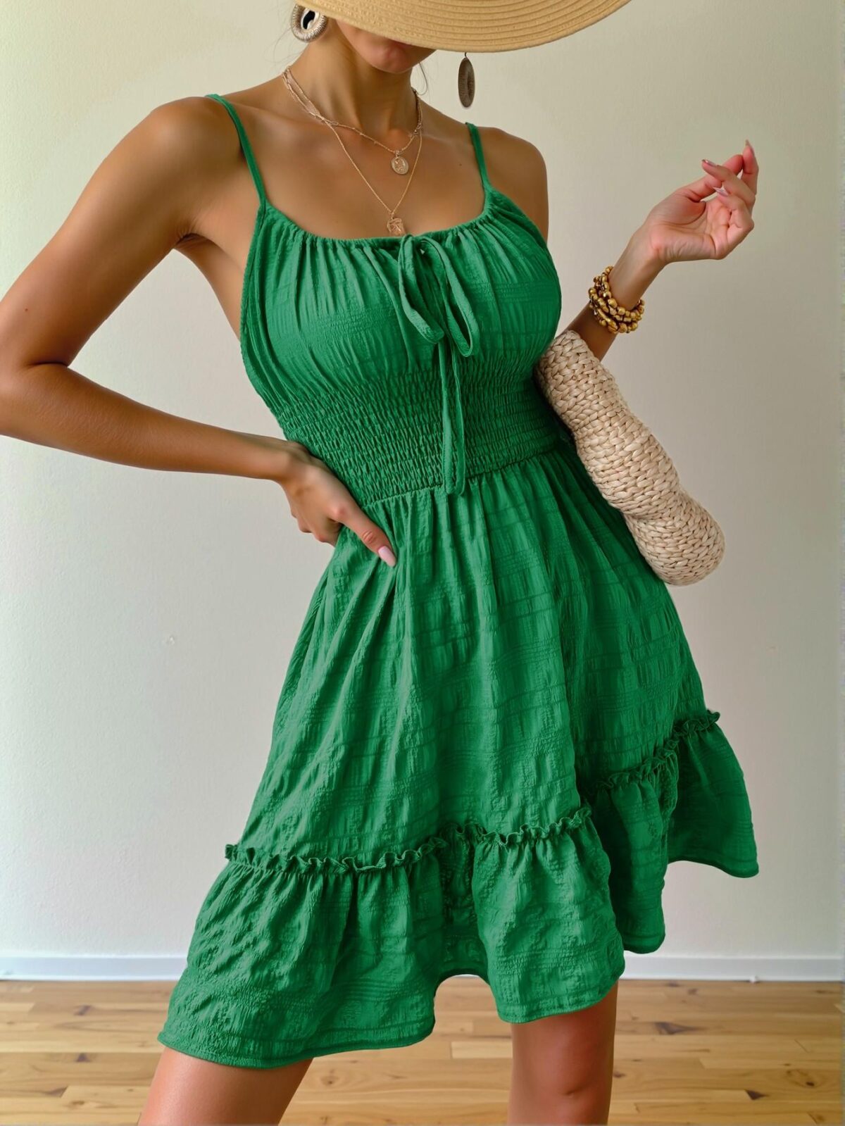 Elegant Army Green Stylish Textured Slip Cami Dress for Vacation Getaways - Chic, Classy and Trendy Fashion Style to Dress to Impress - Image 5