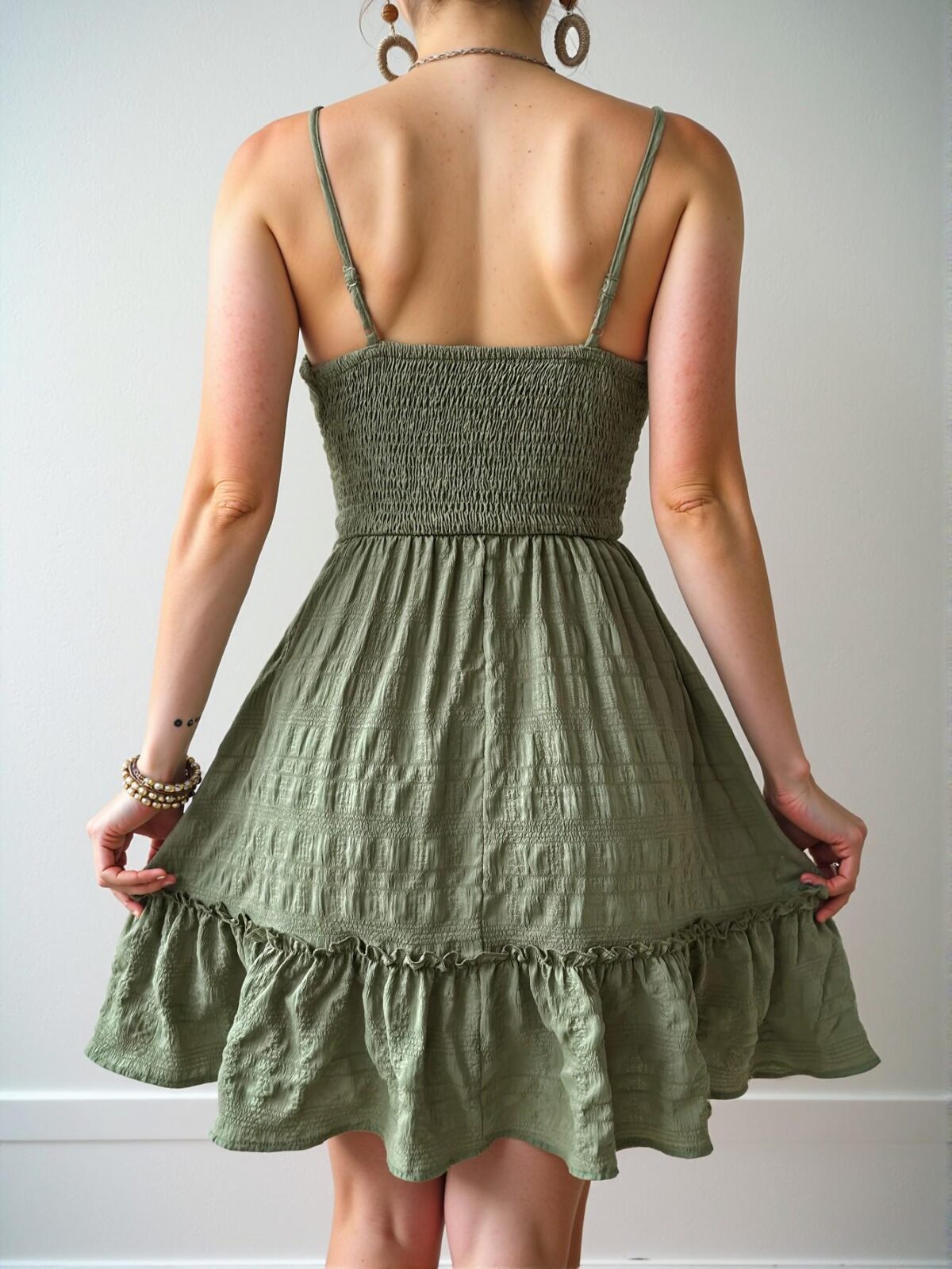 Elegant Green Front Tie Bow Floral Pleated Ruched Cami Dress with Ruffle Hem for a Stylish Vacation Look - Chic, Classy and Trendy Fashion Style to Dress to Impress - Image 2