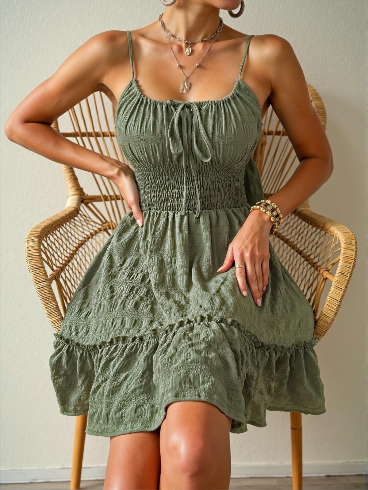Elegant Green Front Tie Bow Floral Pleated Ruched Cami Dress with Ruffle Hem for a Stylish Vacation Look - Chic, Classy and Trendy Fashion Style to Dress to Impress - Image 3