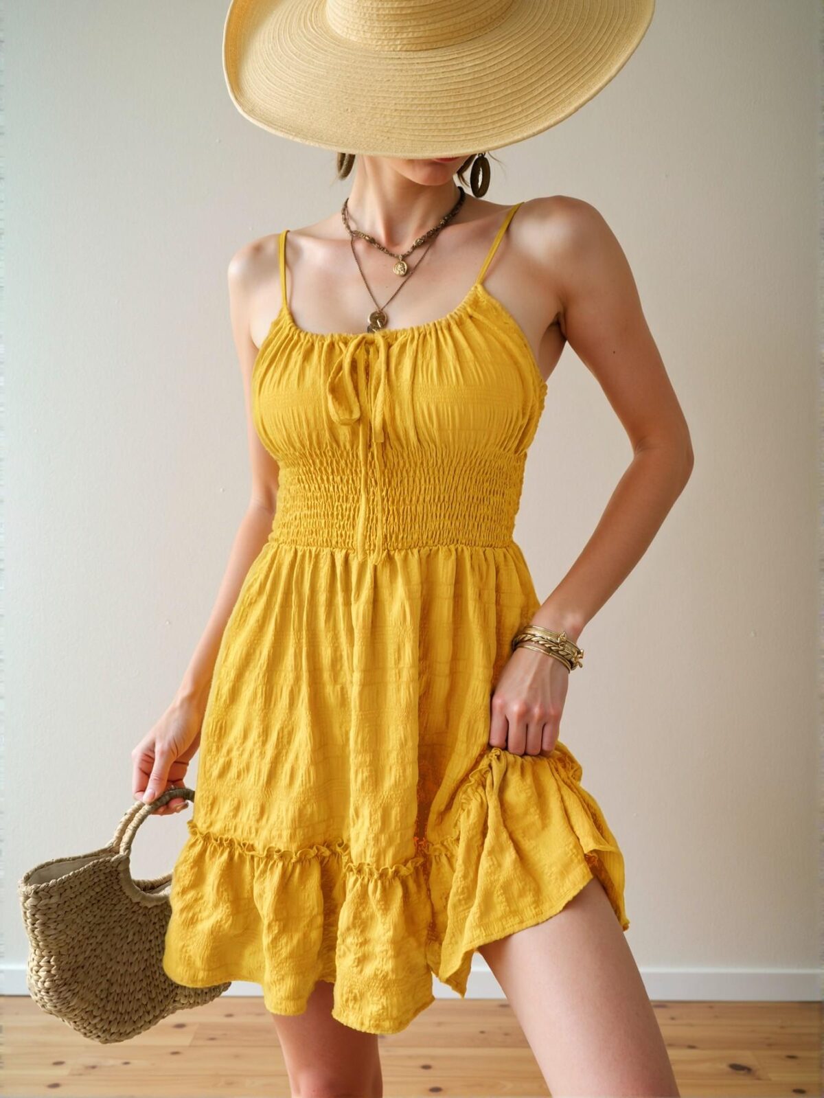 Elegant Yellow Relaxed Fit High Waist Cami Dress with Flounce Hem and Ruffle Details - Chic, Classy and Trendy Fashion Style to Dress to Impress